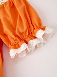 Orange Pumpkin Embroidery Smock Dress
