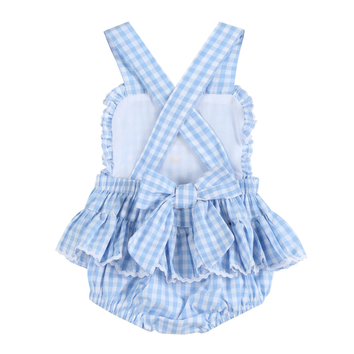 Blue Gingham Goose Lace Bow Ruffle Romper
