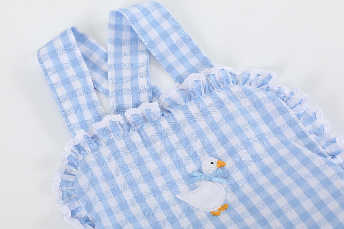 Blue Gingham Goose Lace Bow Ruffle Romper