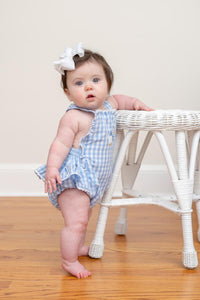 Blue Gingham Goose Lace Bow Ruffle Romper