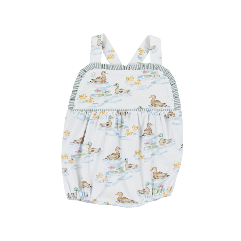Ruffle neck bubble with criss cross backing with tiny ducks and duckling in pond water with lily pads