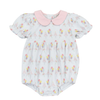 White Bubble romper with a pink collar that is printed with balloons and a birthday cake