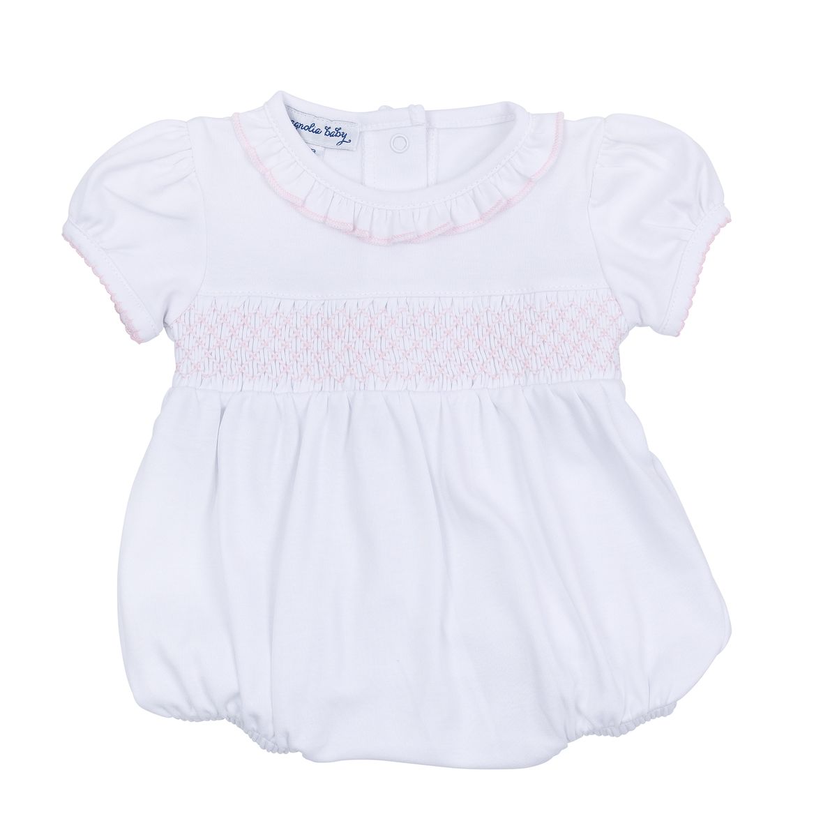 Essentials Solid Smocked Bubble in White Pink