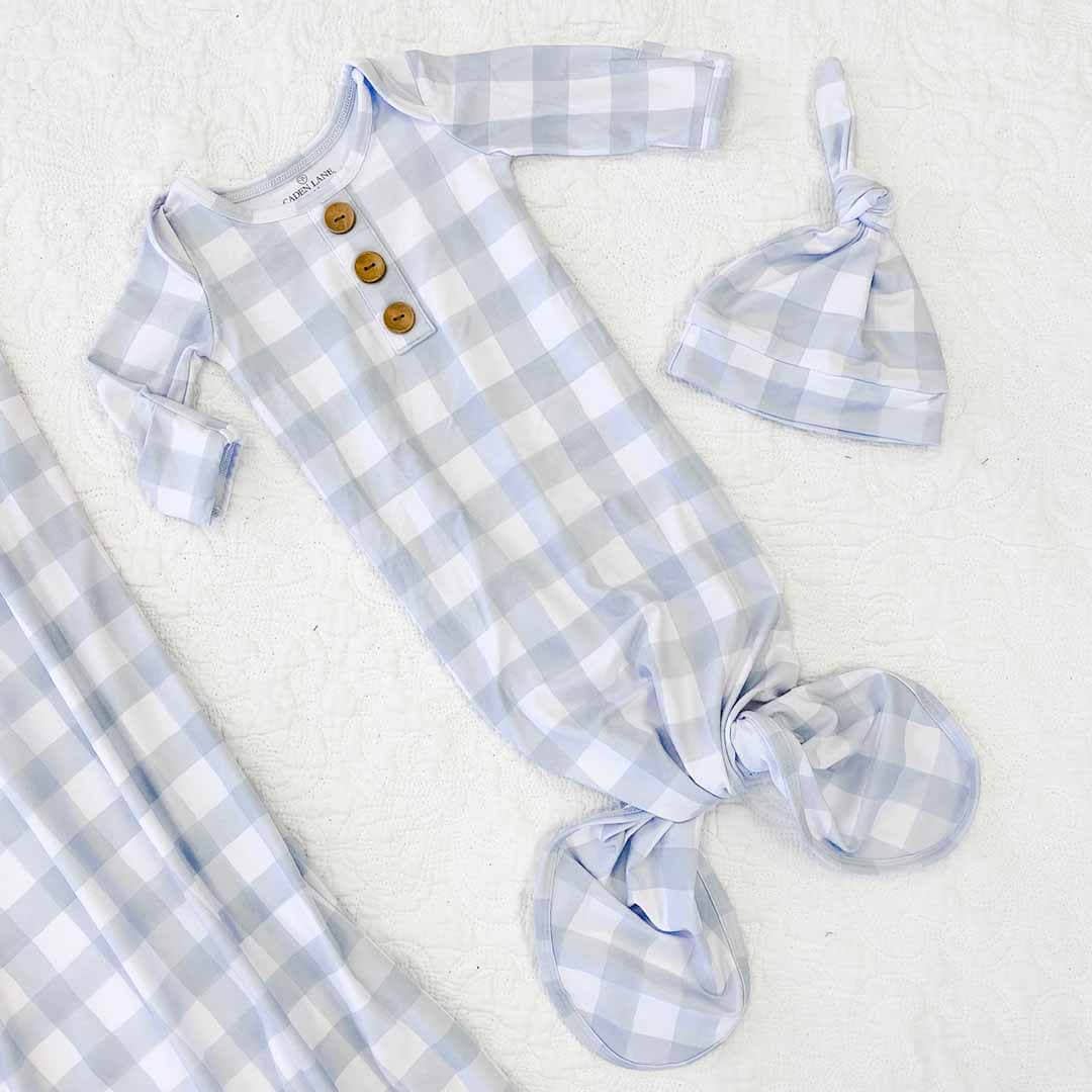 Dusty Blue Gingham Baby Knot Gown & Hat Set