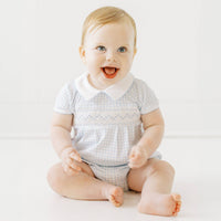 Mini Checks Smocked Collared Bubble - Blue