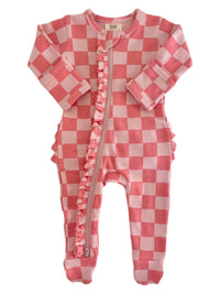 Strawberry/Rosy Checkerboard Frill Zip Footie