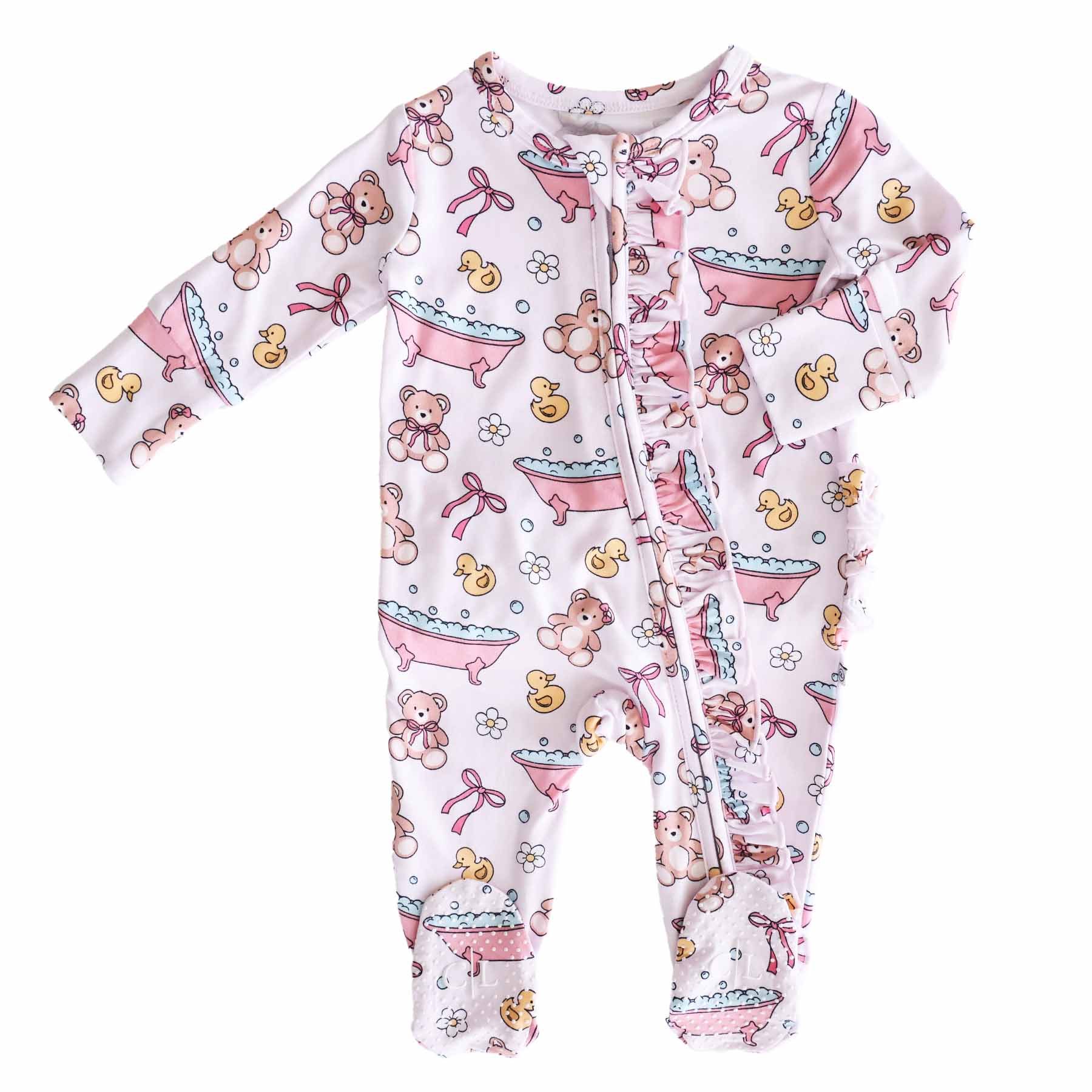 Bathtime Besties Ruffle Zipper Footie | Pink