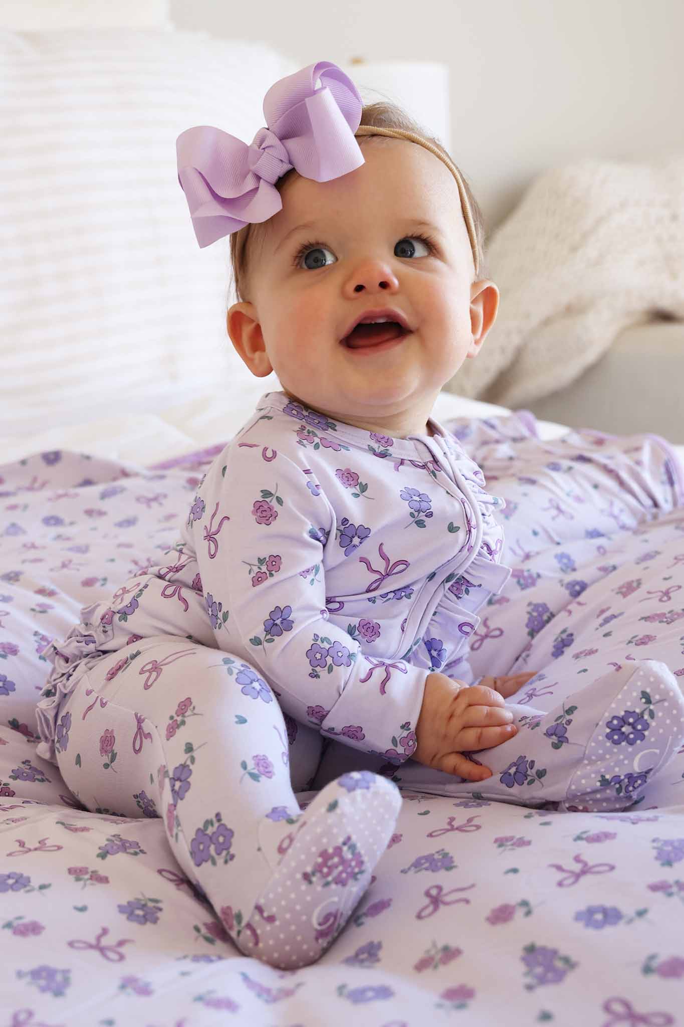 Ribbon & Roses Ruffle Zipper Footie | Purple