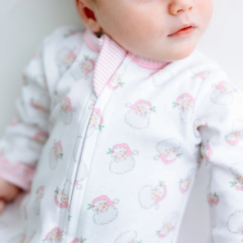 Santa Baby Print Ruffle Zip Footie - Pink