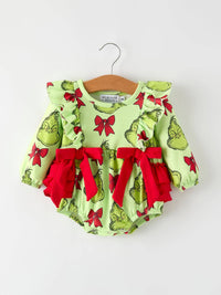 "Mean One" Romper with Character Print and Red Bows