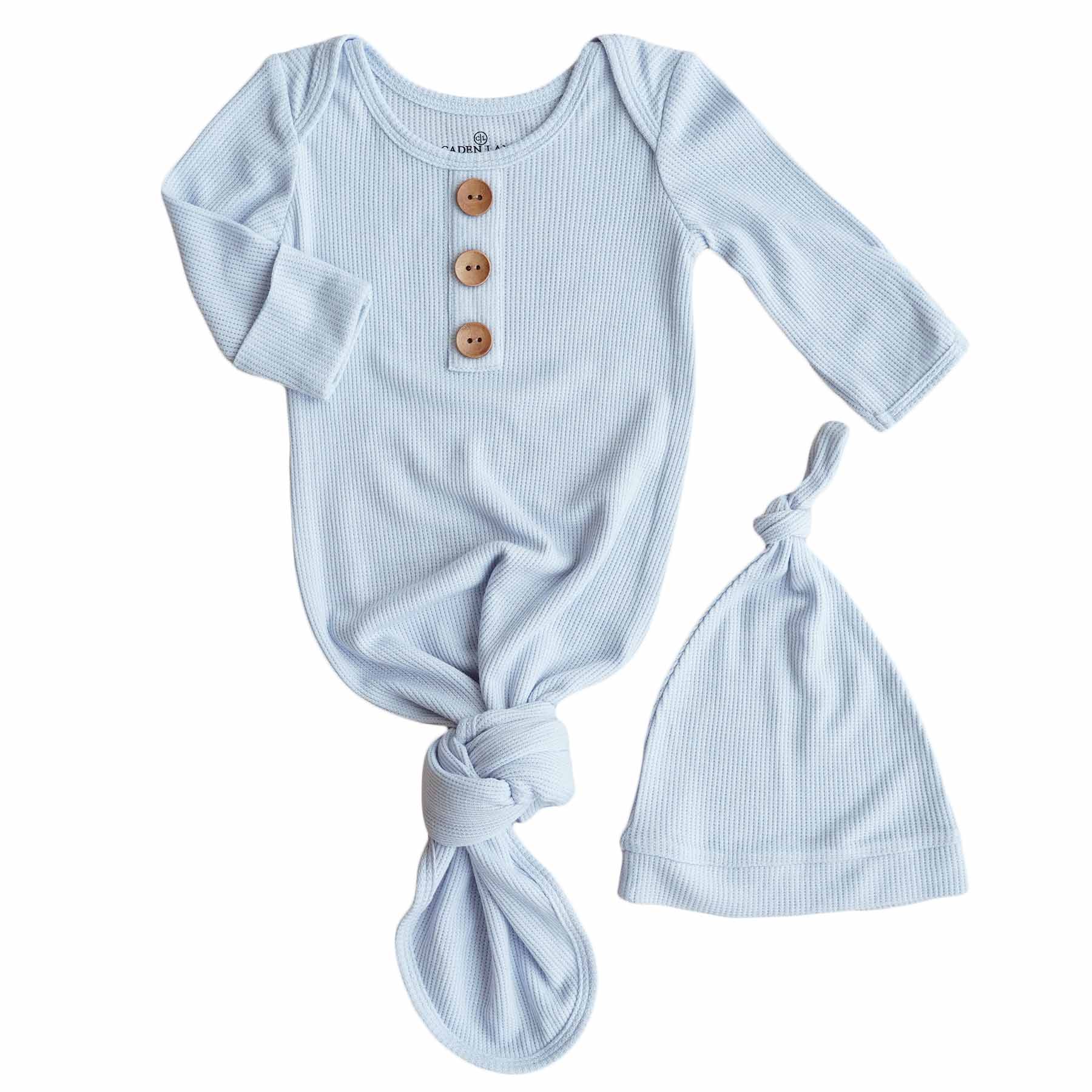 Ice Blue Bamboo Waffle Newborn Baby Knot Gown & Hat Set