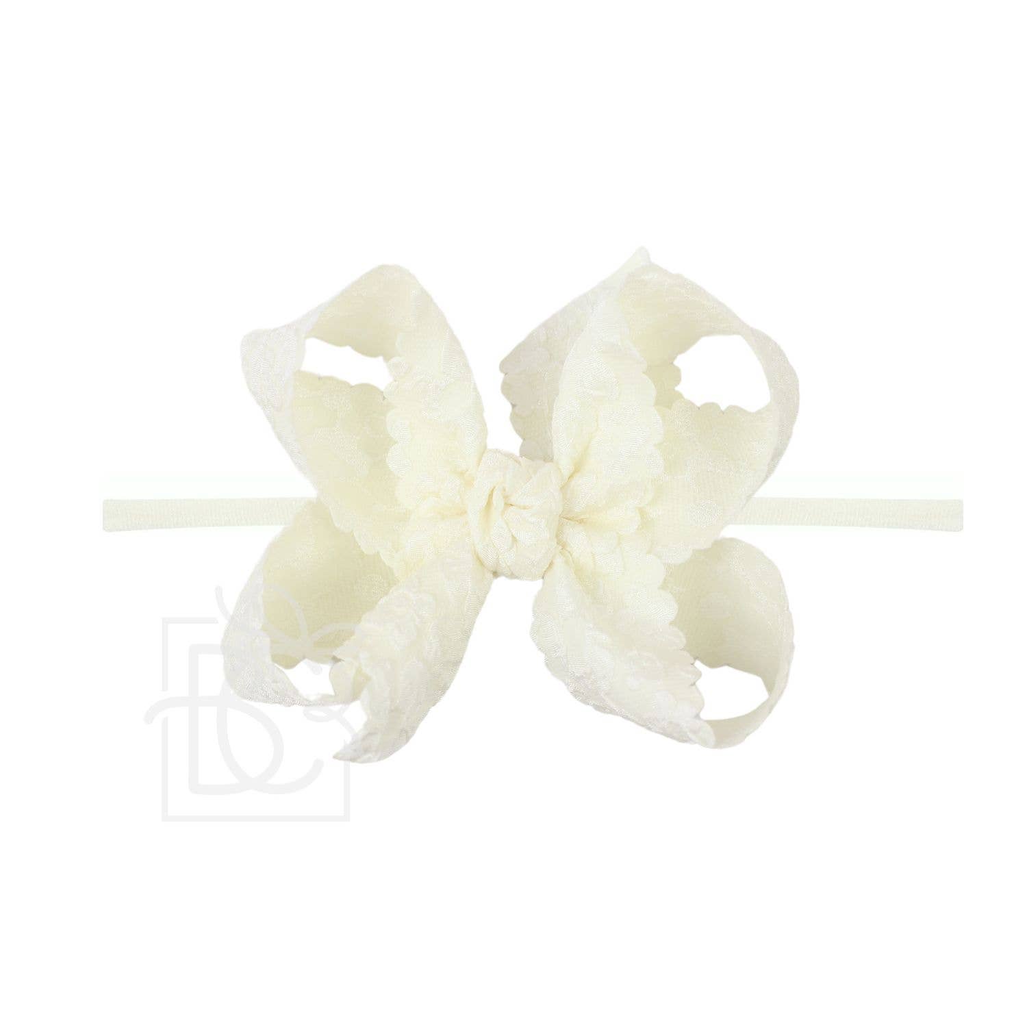 1/4" Pantyhose Headband w/Scalloped Edge Lace Flower Bow