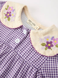 Purple Gingham Floral Collar Dress