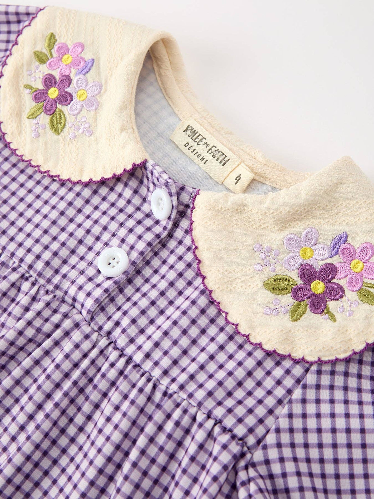 Purple Gingham Floral Collar Dress