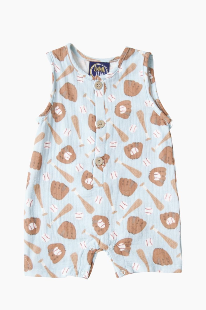 Baseball Muslin Button Romper