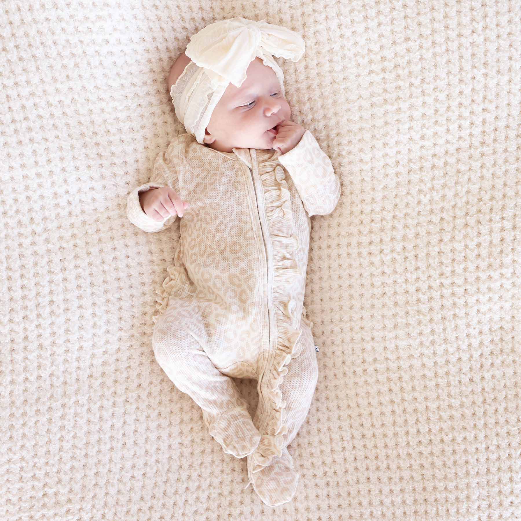 Lovely Leopard Bamboo Waffle Zipper Ruffle Footie