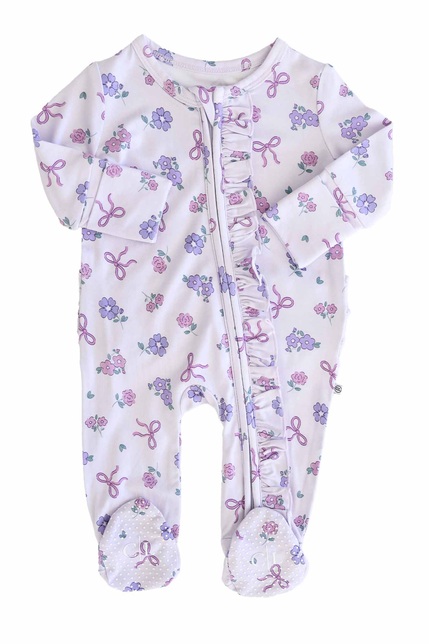 Ribbon & Roses Ruffle Zipper Footie | Purple