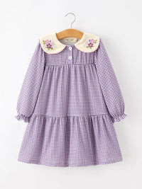 Purple Gingham Floral Collar Dress