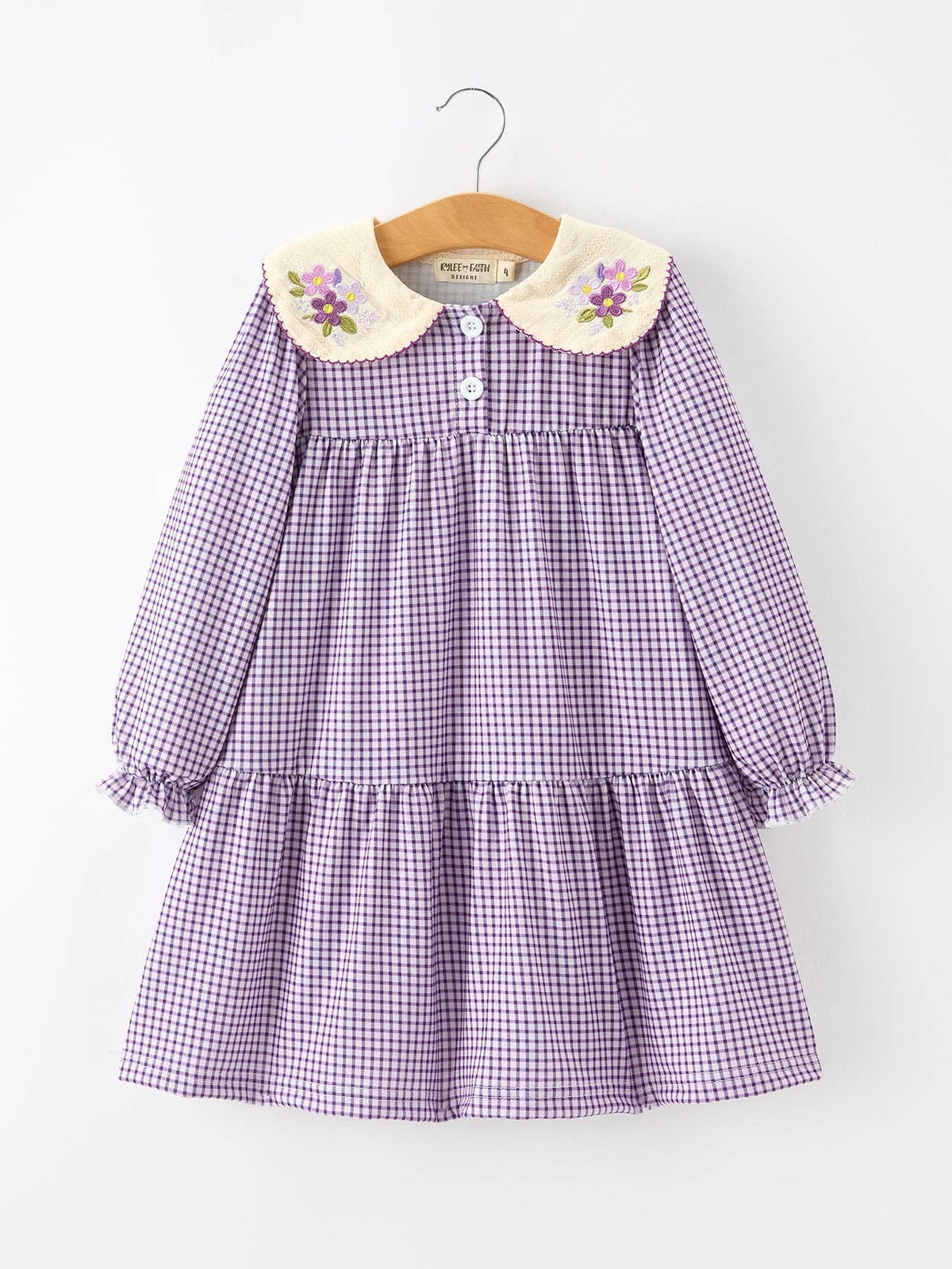 Purple Gingham Floral Collar Dress