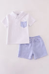 Blue Stripe Seersucker Polo 2 Piece Shorts Set