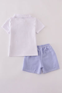 Blue Stripe Seersucker Polo 2 Piece Shorts Set