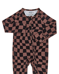 Chocolate Wavy Checkered Bamboo Zip Romper
