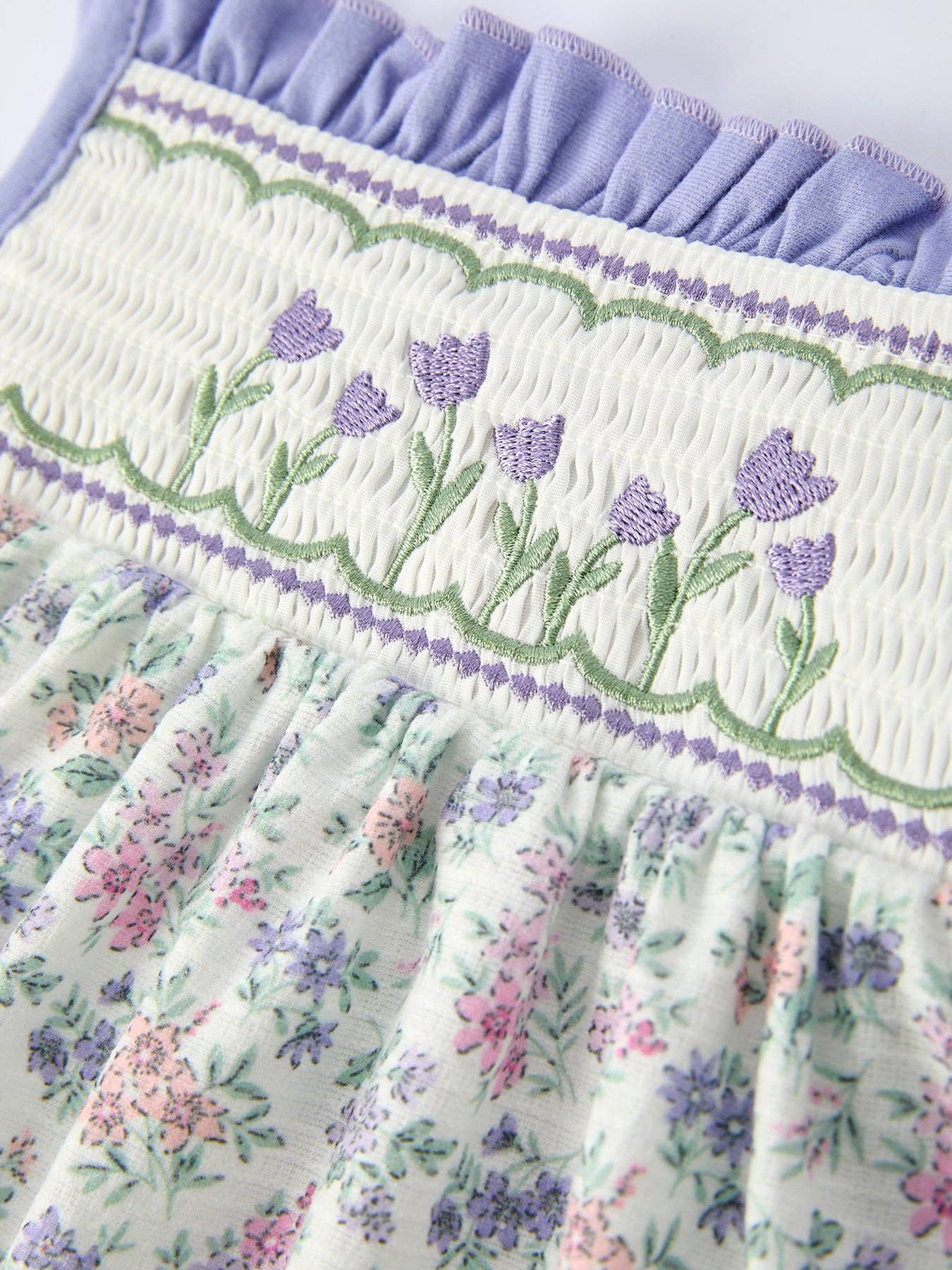 Purple Floral Embroidered Smocked Dress