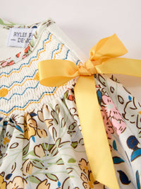 Fall Floral Embroidery Smocked Dress