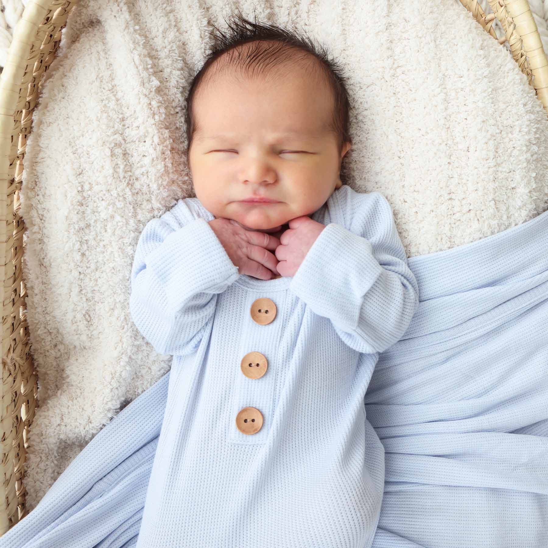 Ice Blue Bamboo Waffle Newborn Baby Knot Gown & Hat Set