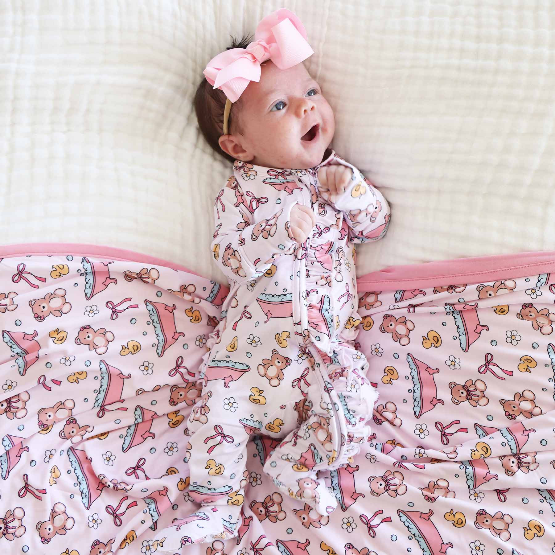 Bathtime Besties Ruffle Zipper Footie | Pink