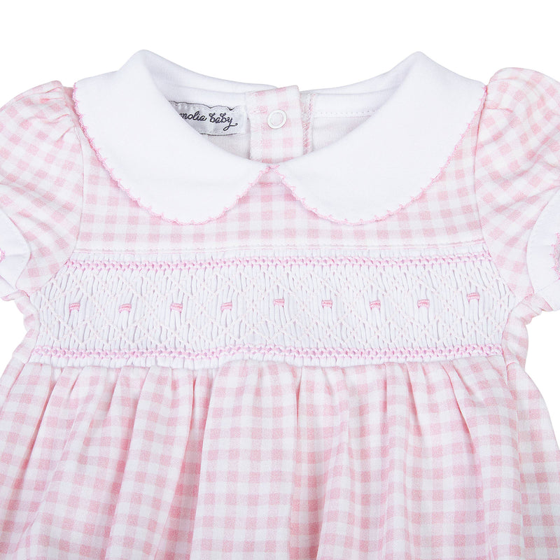 Mini Checks Smocked Collared Girl Bubble - Pink