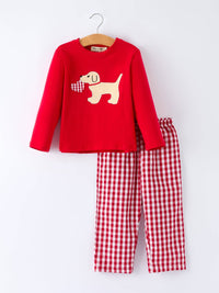 Valentine Applique Heart Dog Plaid Boy's Set