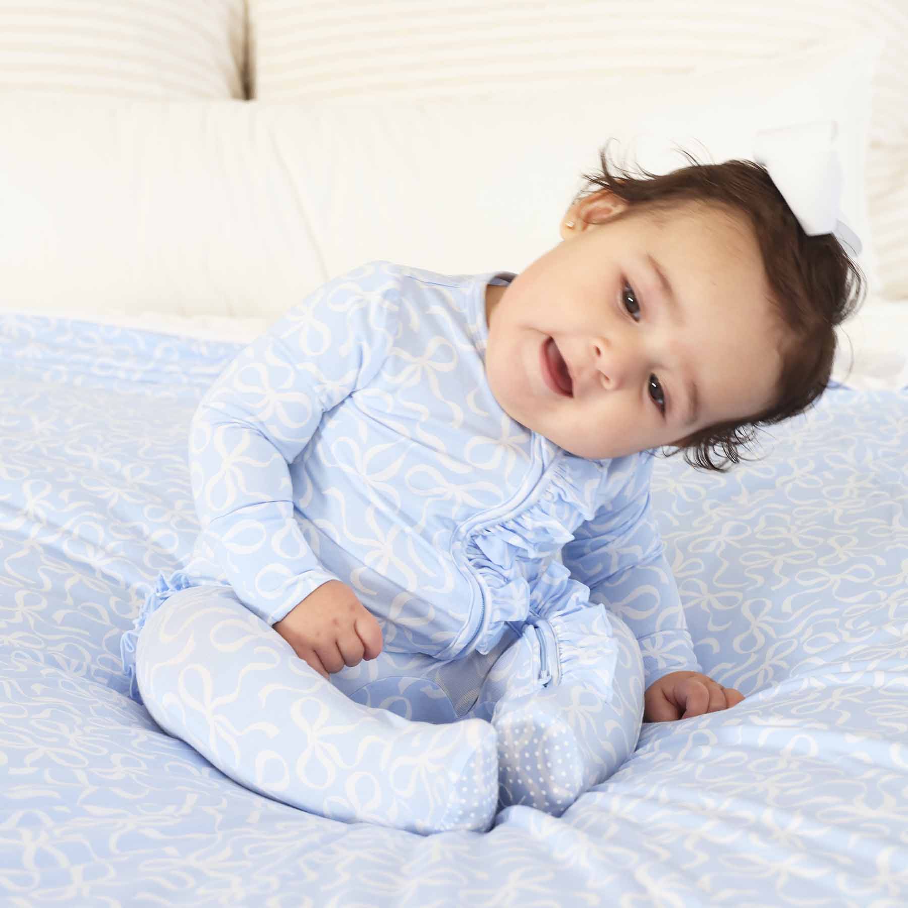 Blue-tiful Bows Ruffle Zipper Footie