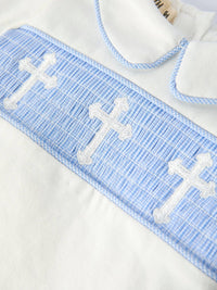 Blue Smocked Cross Bishop Christening Bloomer Set