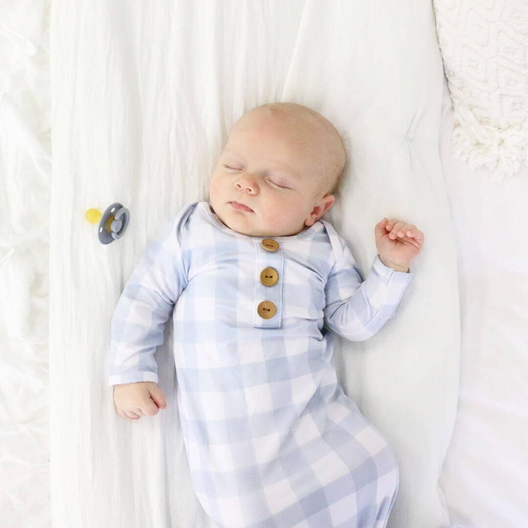 Dusty Blue Gingham Baby Knot Gown & Hat Set
