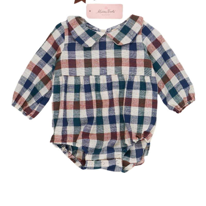 Plaid baby romper with matching headbands on a white background