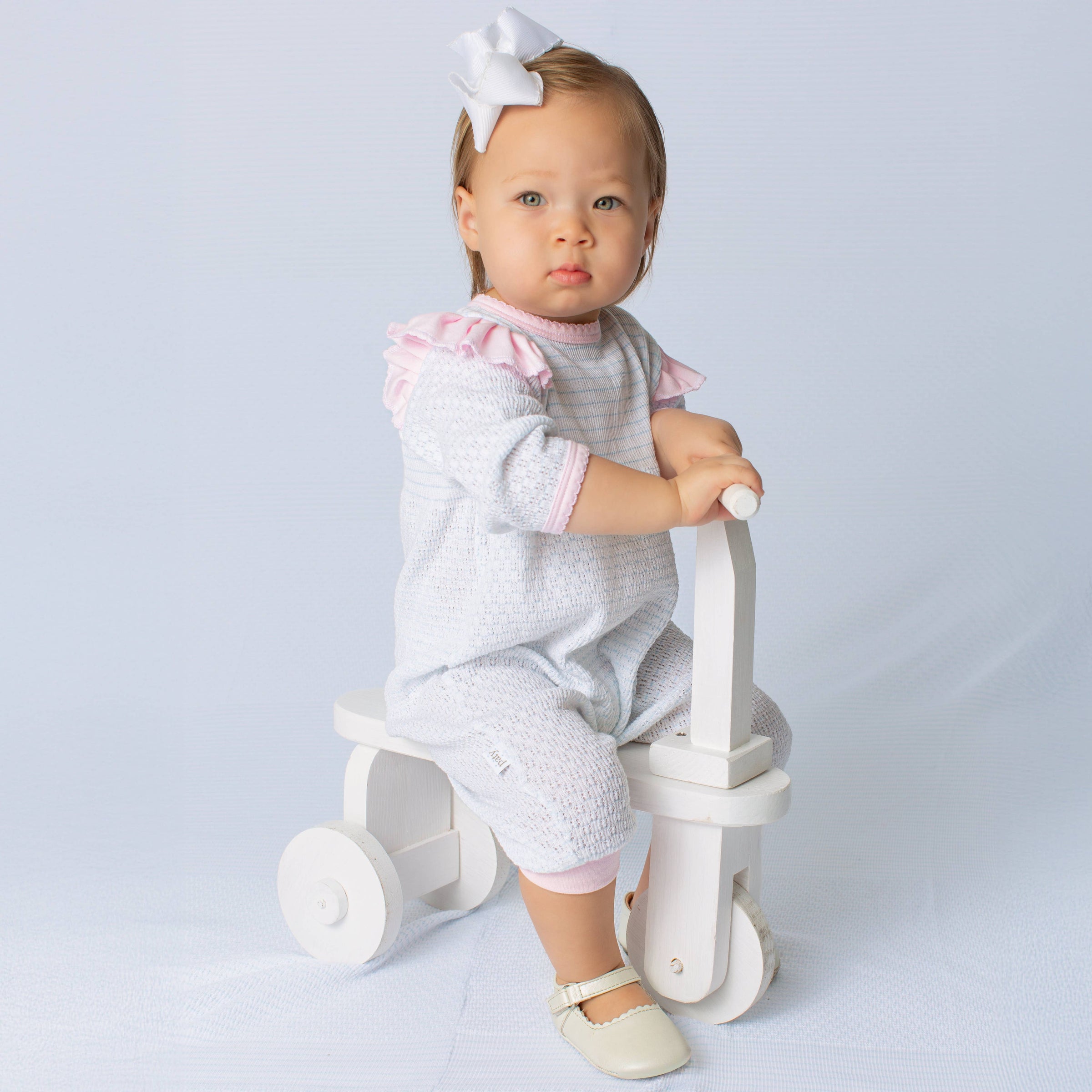 Paty Knit Long Sleeve Pinstripe Romper with Ruffle Shoulder Trim