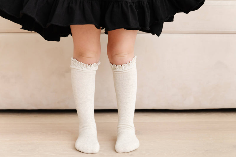 Heathered Ivory Lace Top Knee High Socks