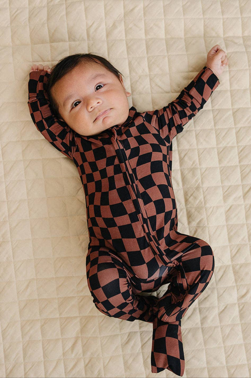 Chocolate Wavy Checkered Bamboo Zip Romper
