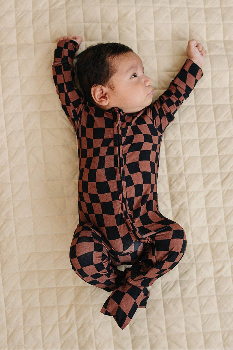 Chocolate Wavy Checkered Bamboo Zip Romper