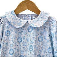 Blue Long Sleeve Christmas Toile Dress