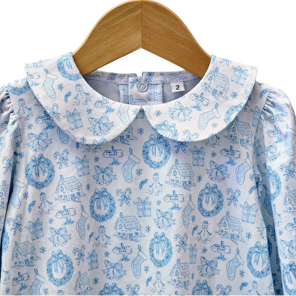 Blue Long Sleeve Christmas Toile Dress