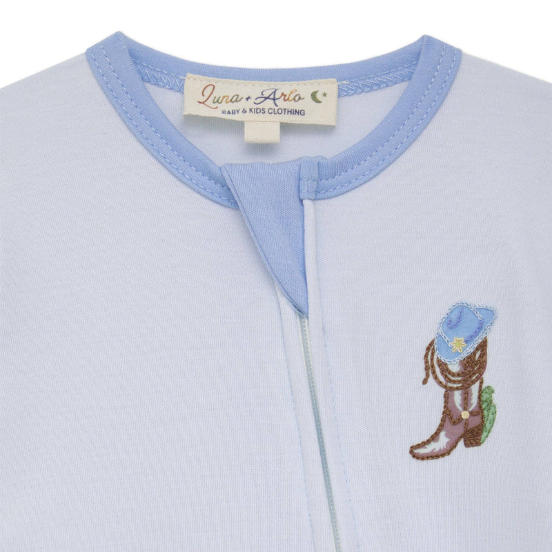 Boots and Cowboy Hat Zip Footie - Light Blue