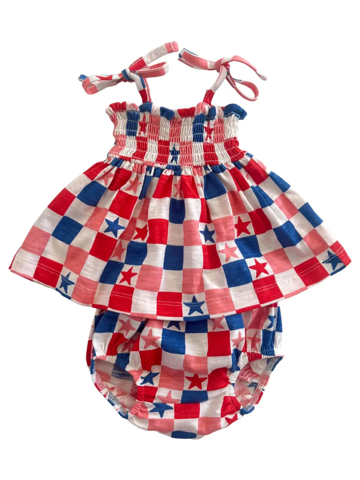 Red, White, Blue & Pink Checkerboard / Organic Smocked Set