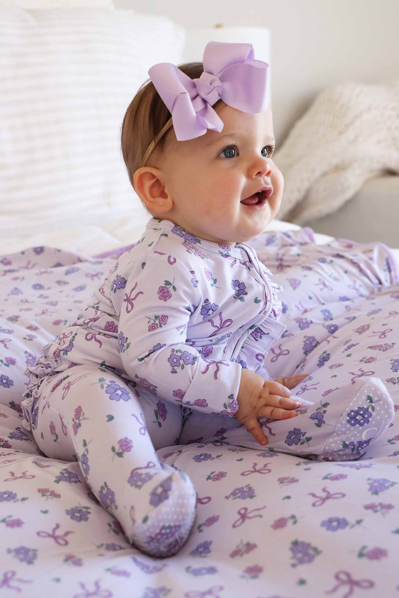 Ribbon & Roses Ruffle Zipper Footie | Purple