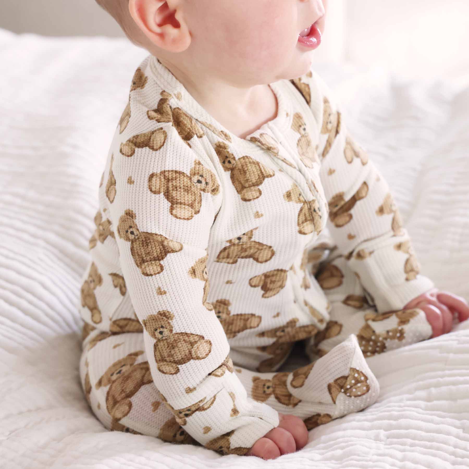 Beary Sweet Bamboo Waffle Zipper Footie