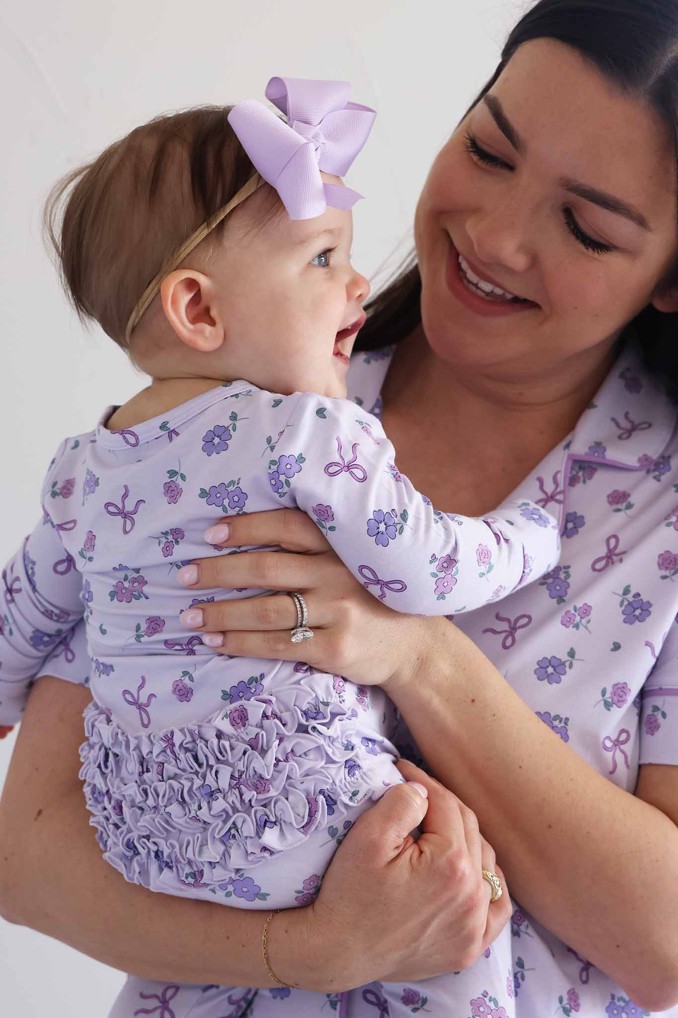 Ribbon & Roses Ruffle Zipper Footie | Purple