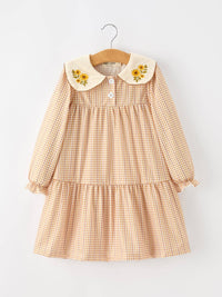 Orange Plaid Sunflower Collar Dress