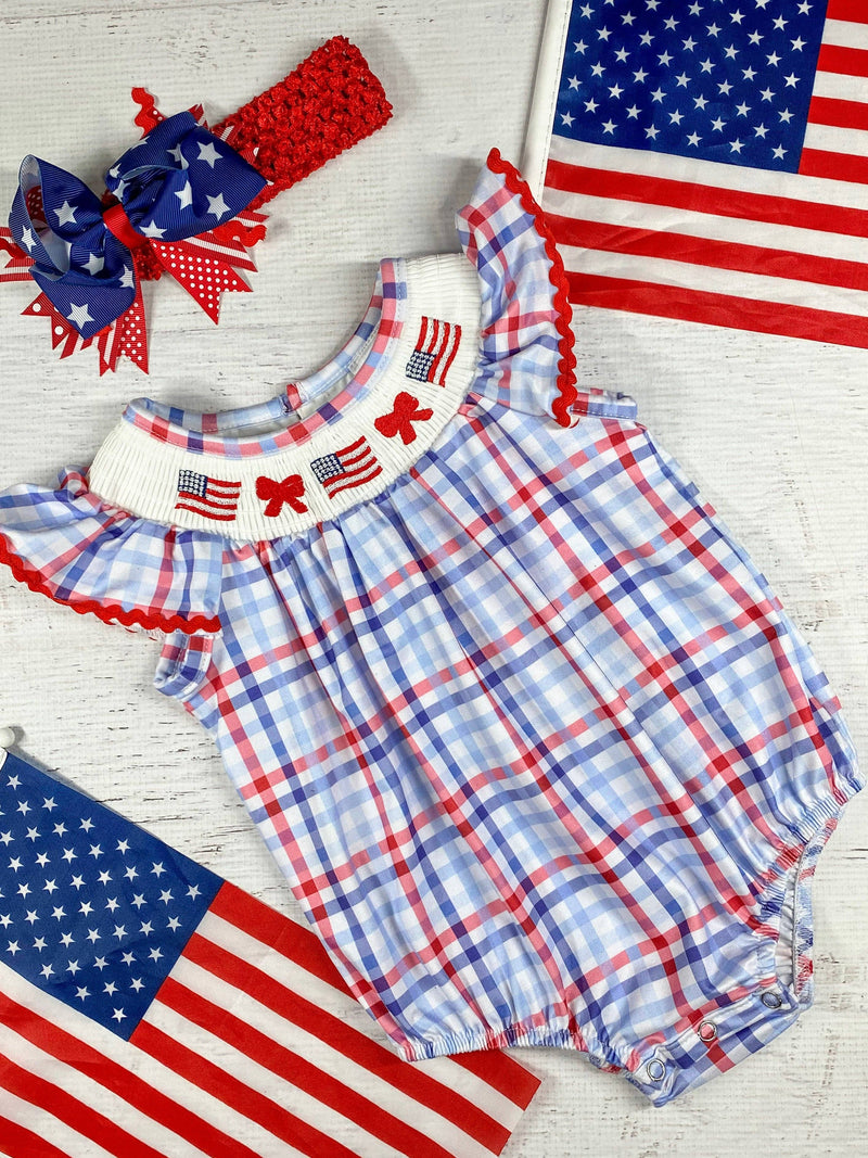 Red White and Blue Plaid American Flag Outfit Bubble Romper