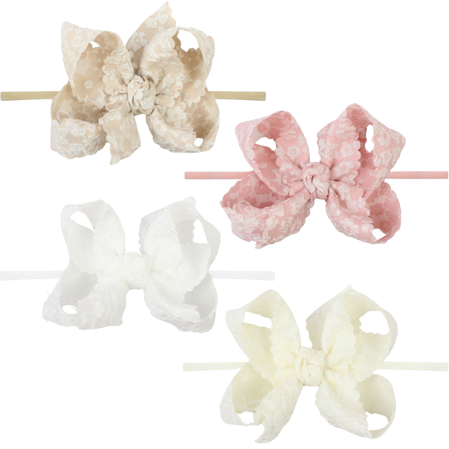 1/4" Pantyhose Headband w/Scalloped Edge Lace Flower Bow
